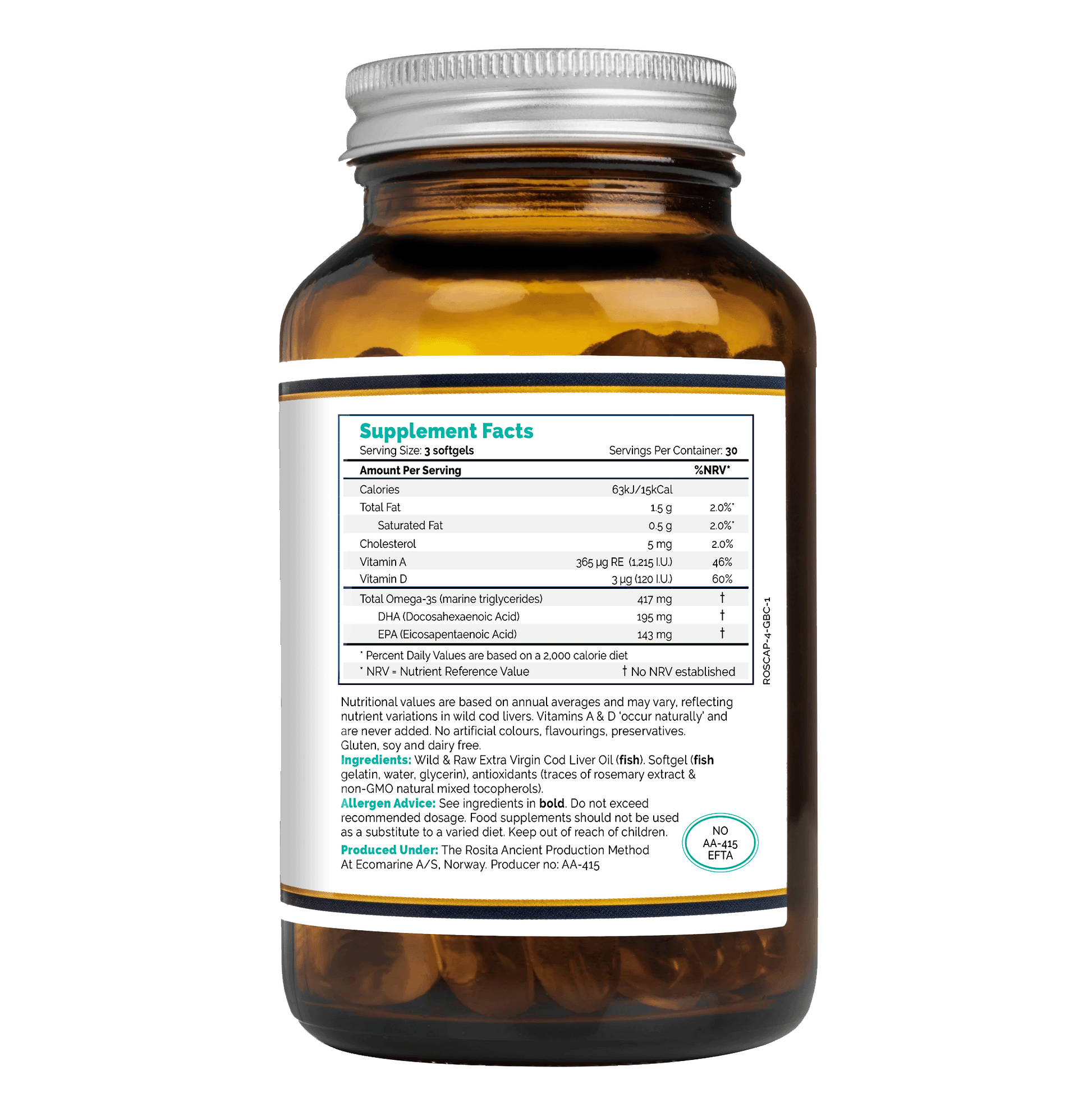 Rosita Extra Virgin Cod Liver Oil supplement facts panel