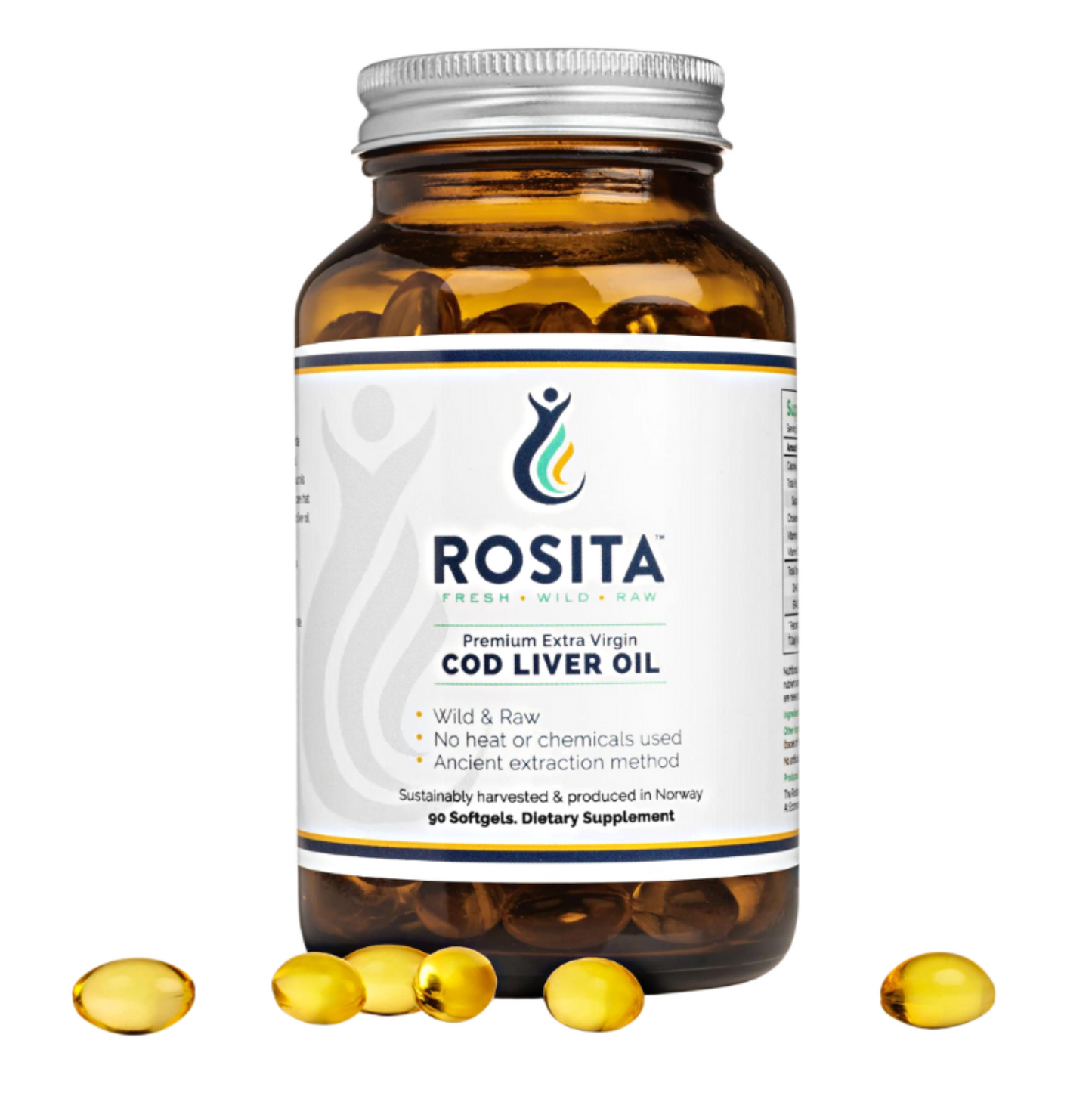 Rosita Extra Virgin Cod Liver Oil bottle with softgels scattered in front
