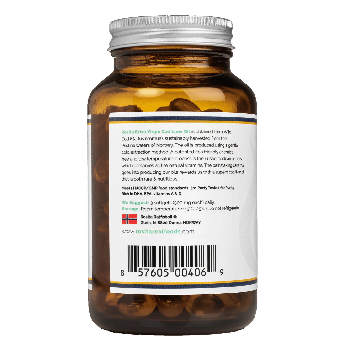 Rosita Extra Virgin Cod Liver Oil, back label with sourcing and usage details