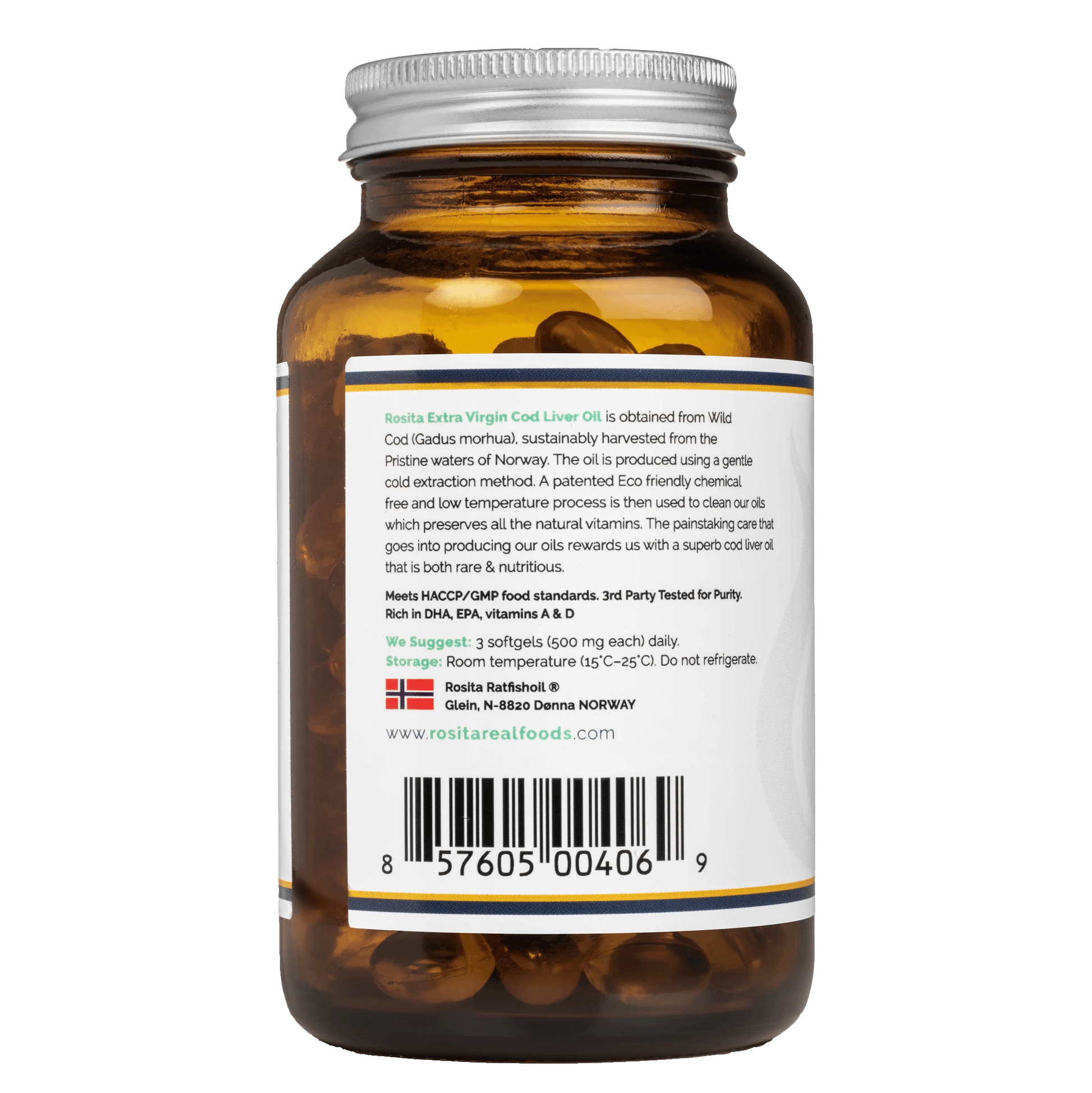 Rosita Extra Virgin Cod Liver Oil, back label with sourcing and usage details